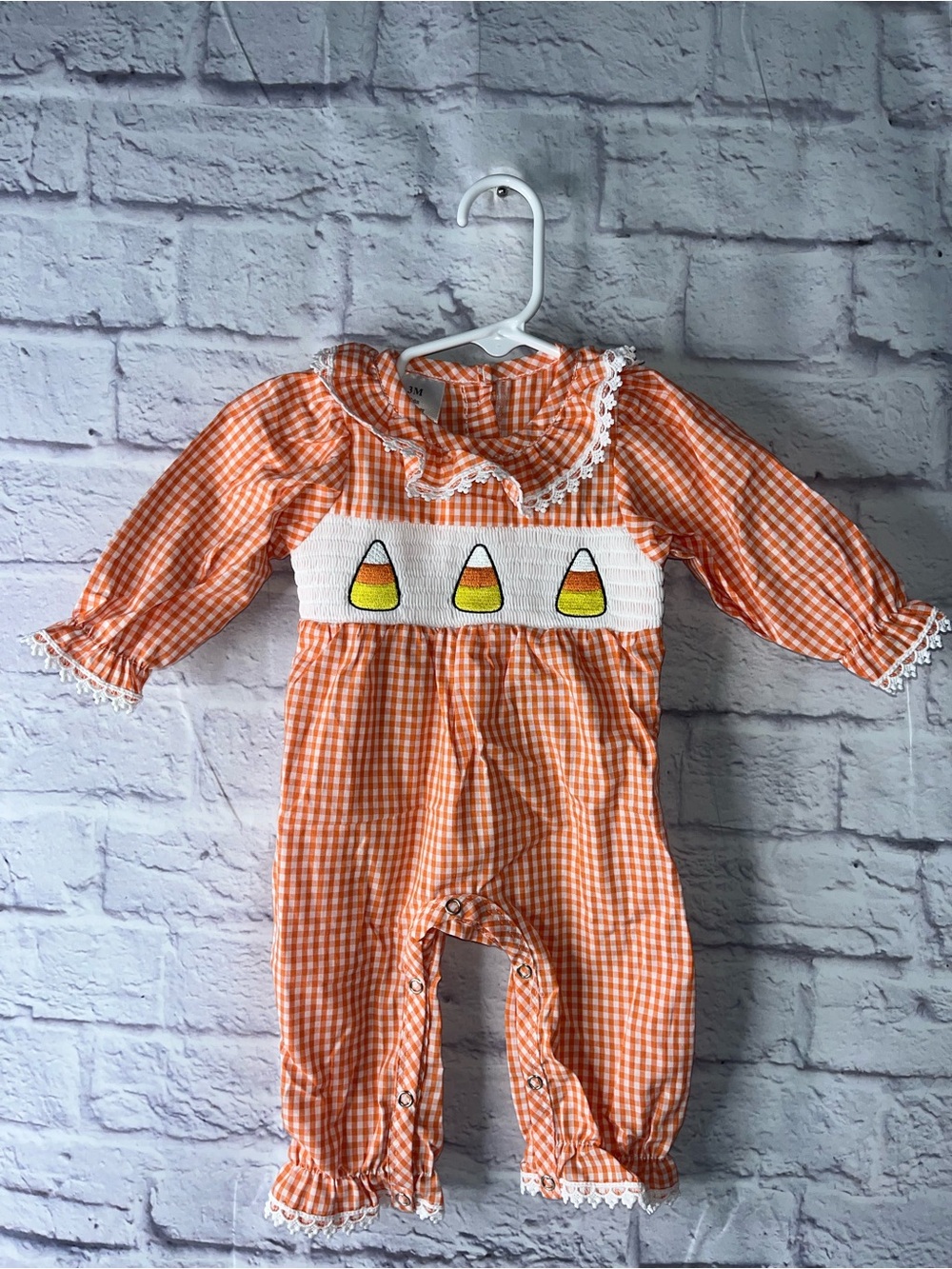 Orange Gingham Candy Corn Smocked Romper Girls  Halloween October Cotton
